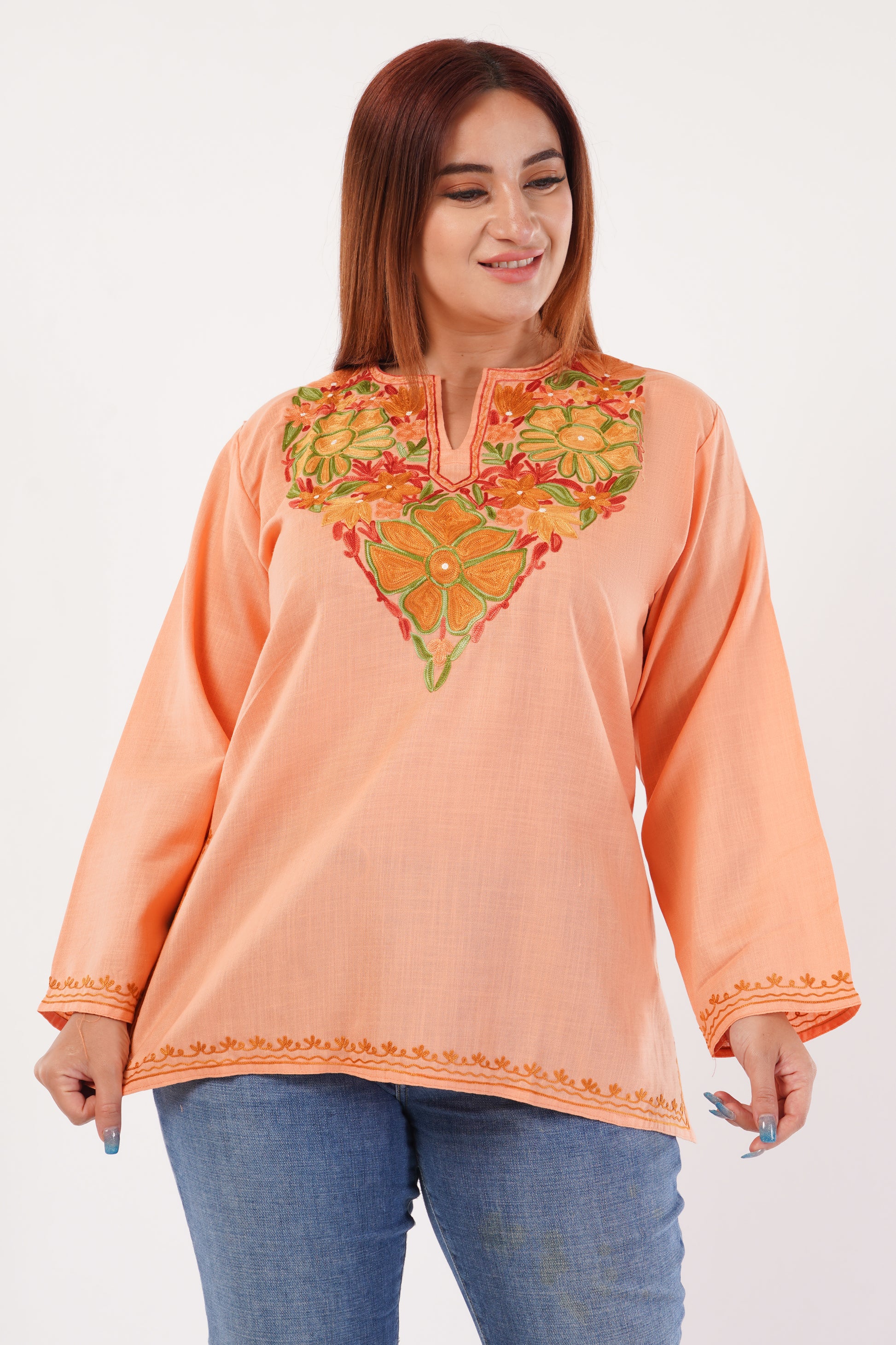 Kashmiri Aari embroidery Cotton Short Kurti Size-44(Peach)