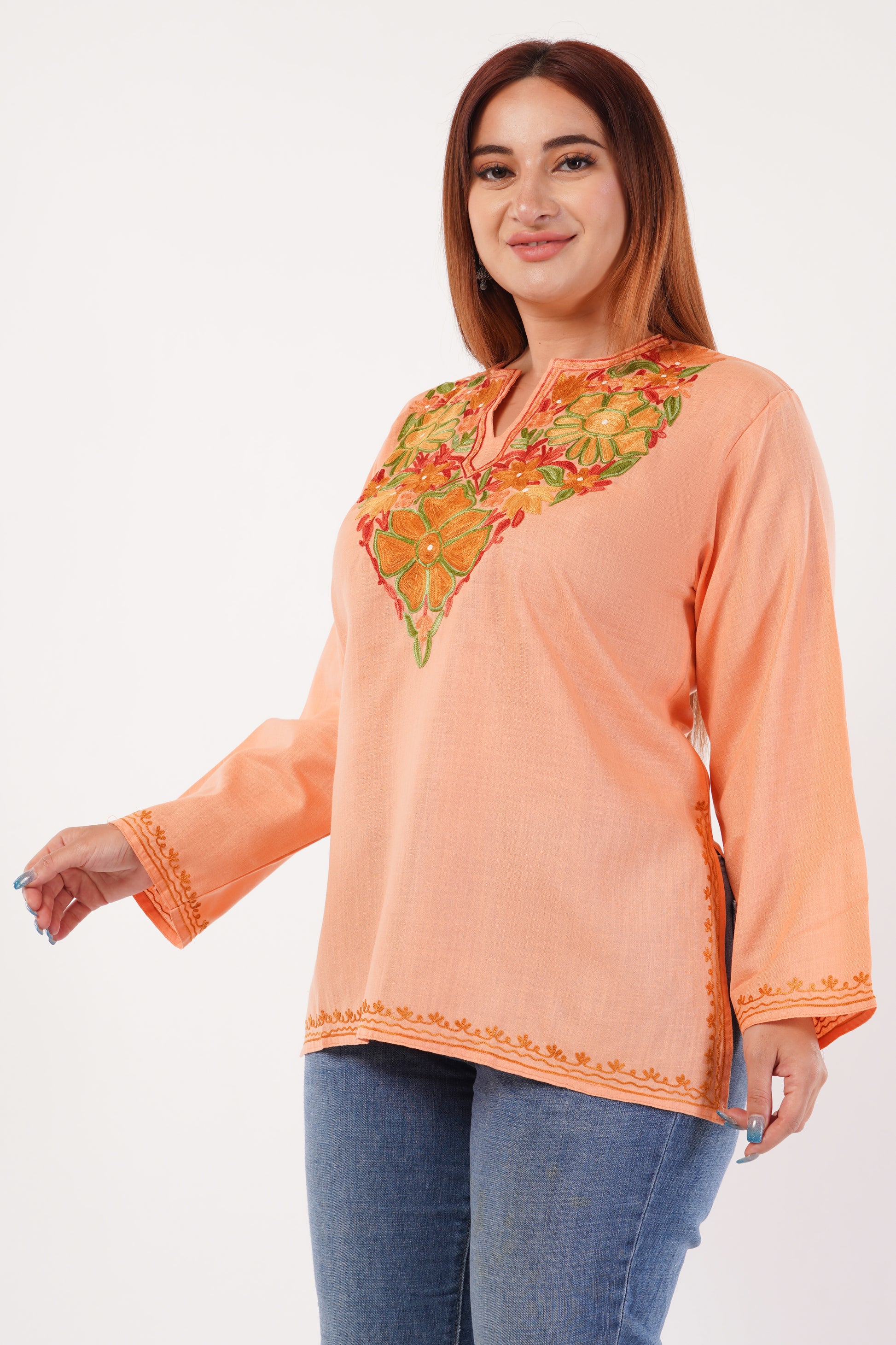 Kashmiri Aari embroidery Cotton Short Kurti Size-44(Peach)