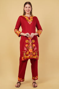 Kashmiri Aari embroidery Jaam Cotton Co-ord set Size-42(Red)
