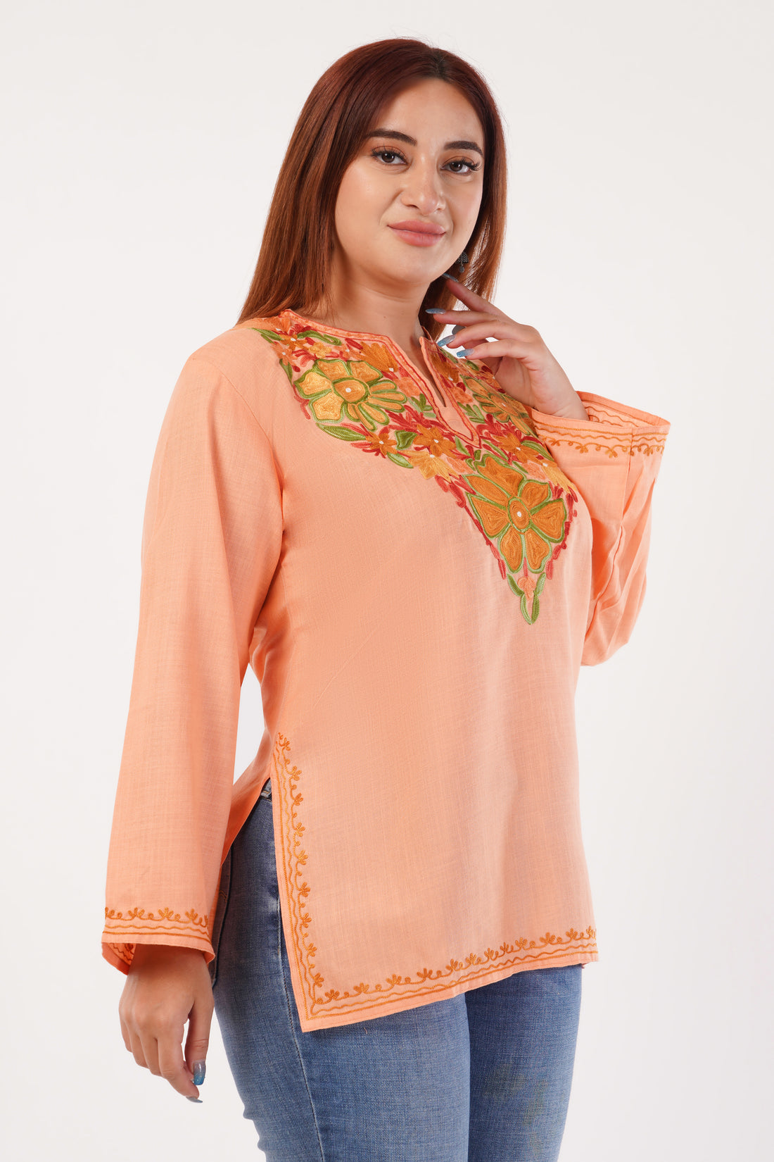 Kashmiri Aari embroidery Cotton Short Kurti Size-44(Peach)