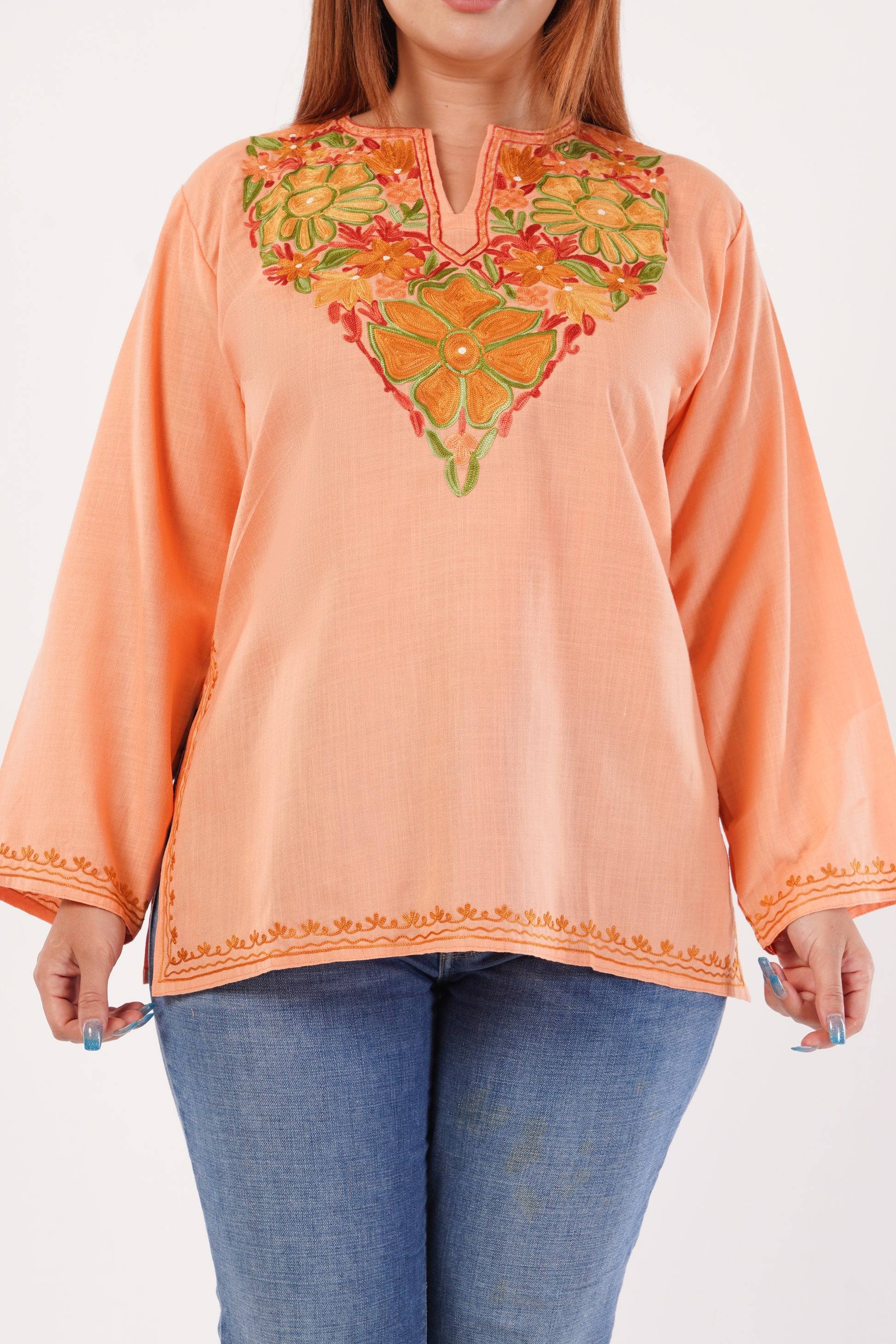 Kashmiri Aari embroidery Cotton Short Kurti Size-44(Peach)