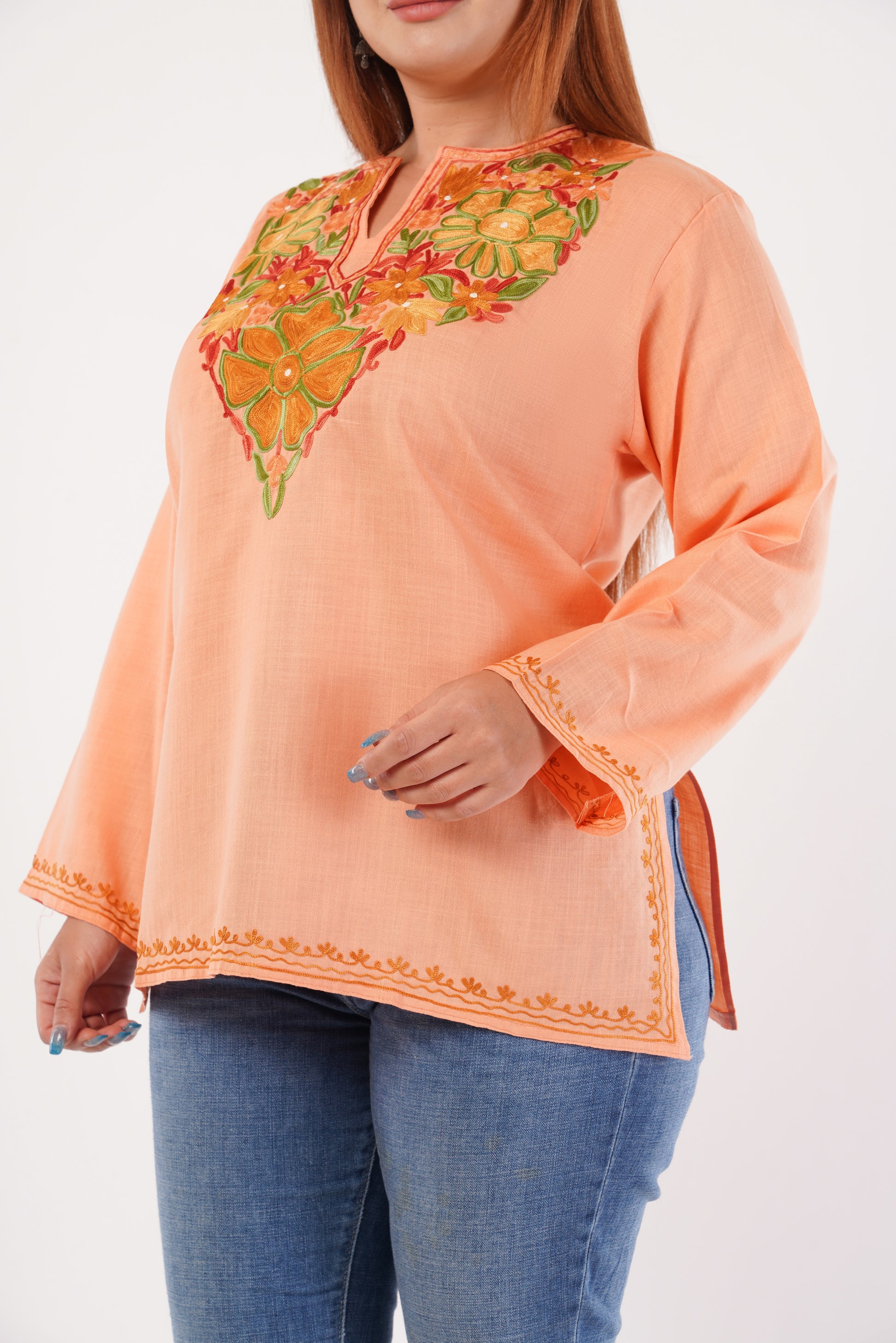 Kashmiri Aari embroidery Cotton Short Kurti Size-44(Peach)