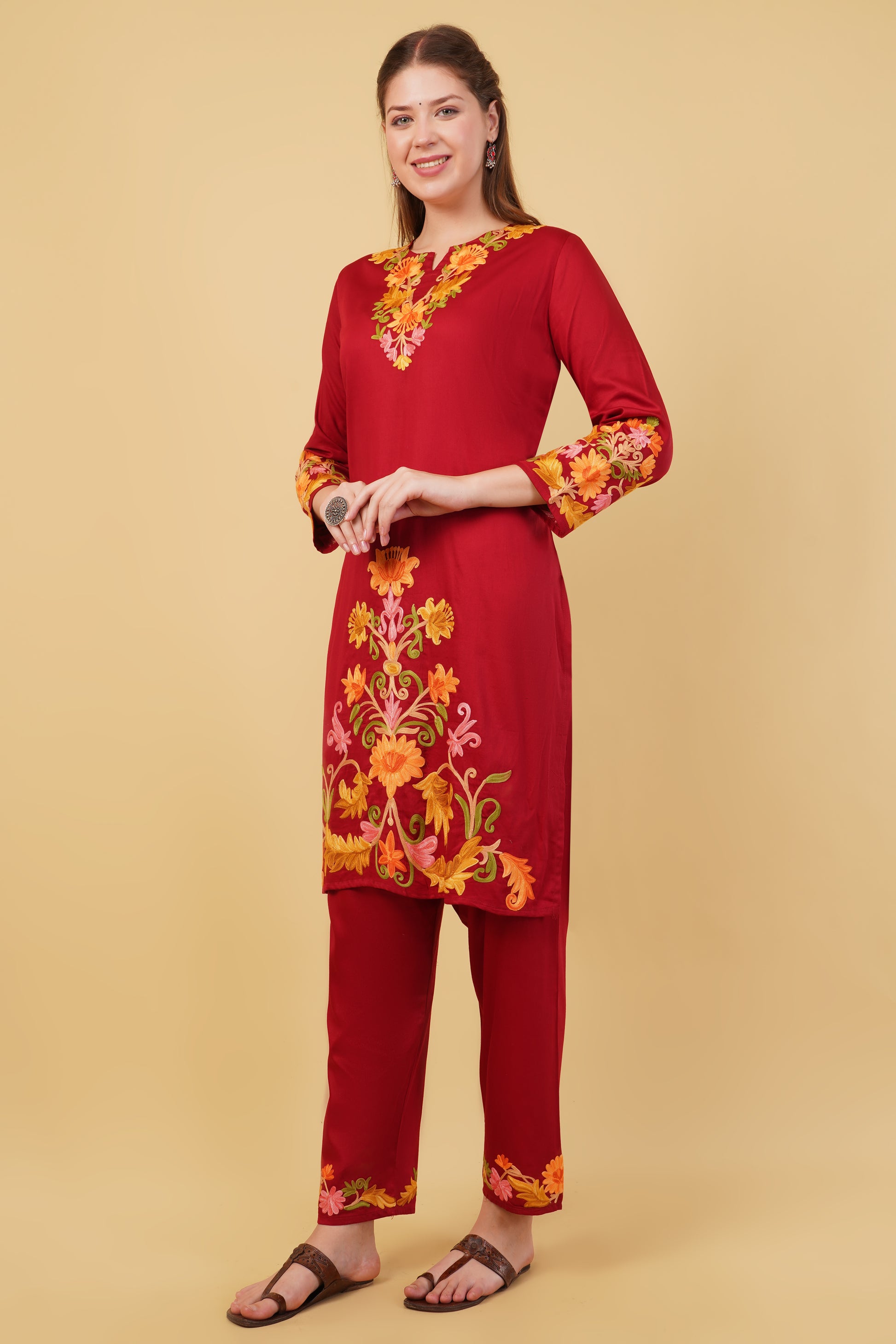 Kashmiri Aari embroidery Jaam Cotton Co-ord set Size-42(Red)