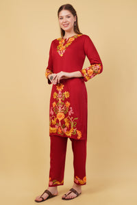 Kashmiri Aari embroidery Jaam Cotton Co-ord set Size-42(Red)