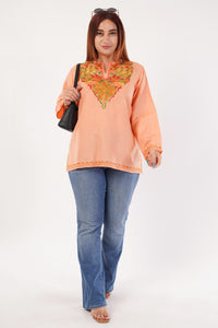 Kashmiri Aari embroidery Cotton Short Kurti Size-44(Peach)