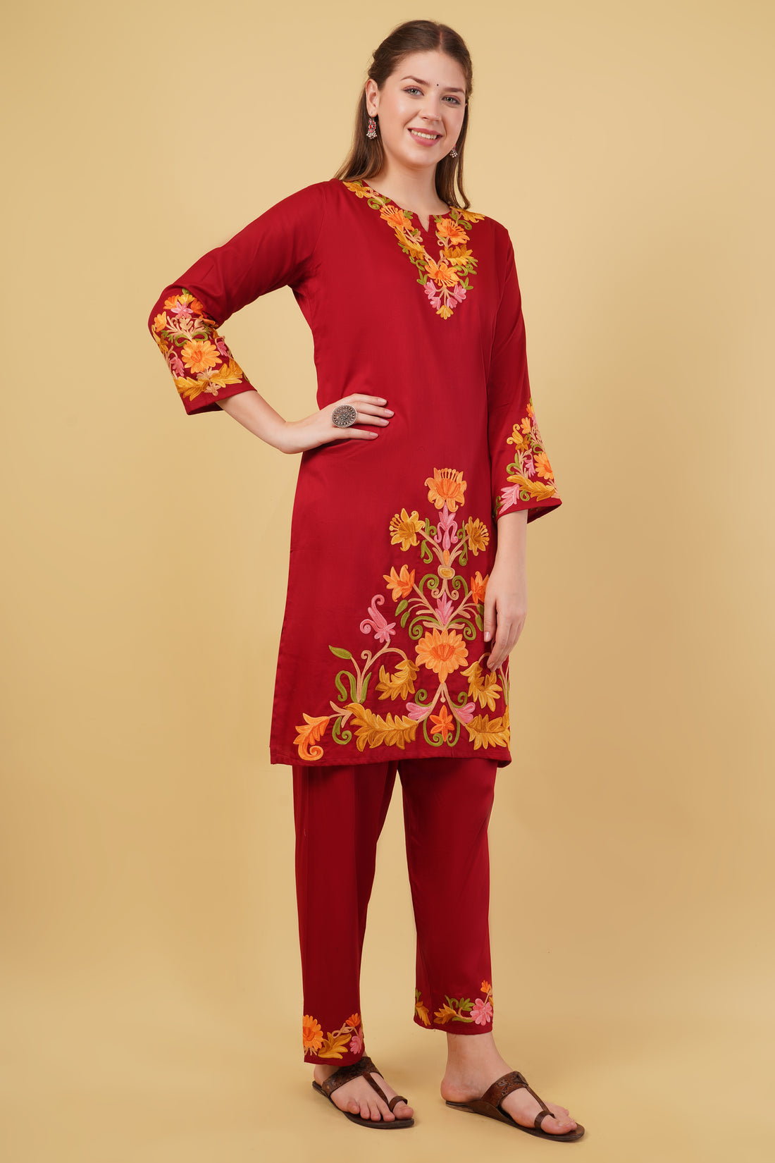 Kashmiri Aari embroidery Jaam Cotton Co-ord set Size-42(Red)
