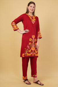 Kashmiri Aari embroidery Jaam Cotton Co-ord set Size-42(Red)