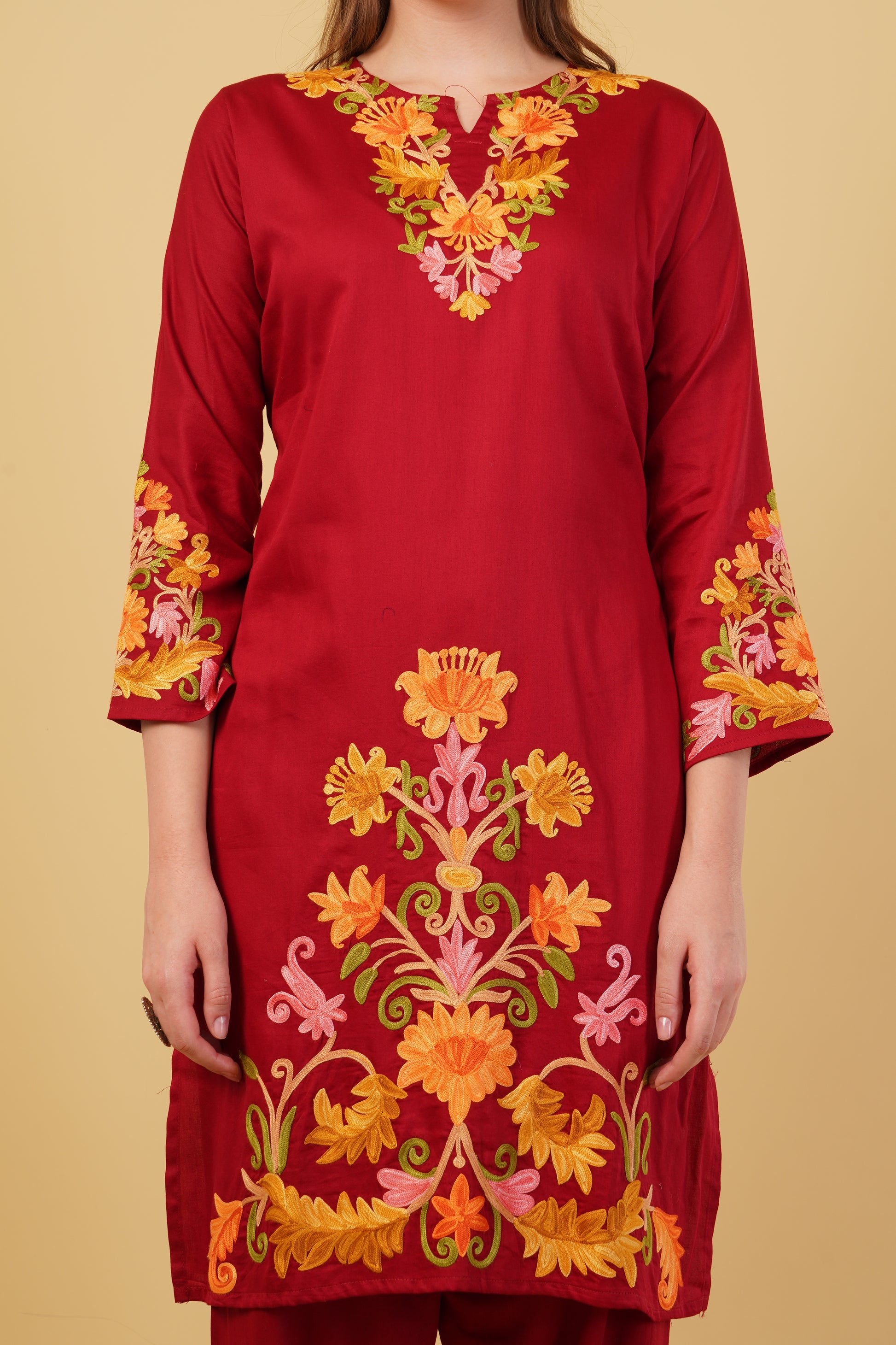 Kashmiri Aari embroidery Jaam Cotton Co-ord set Size-42(Red)