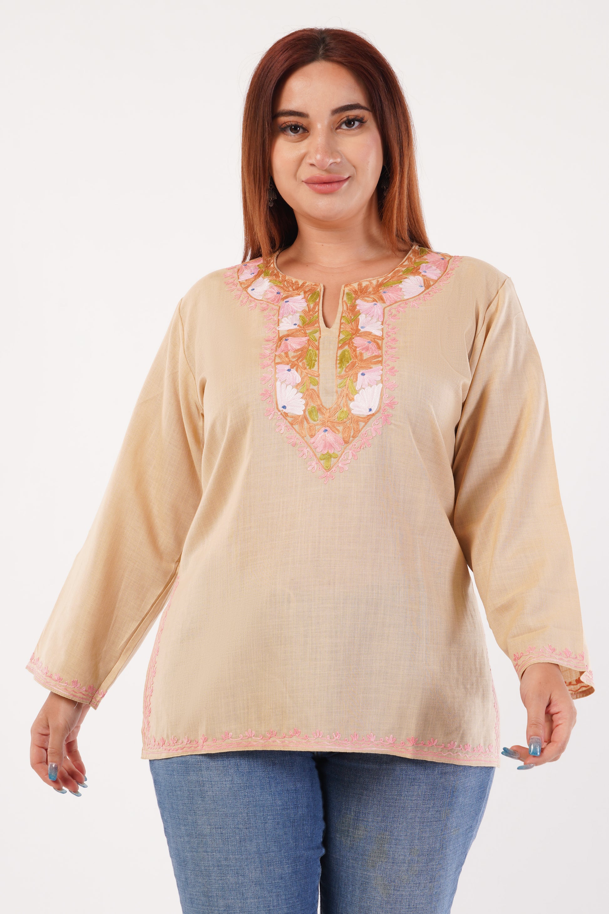 Kashmiri Aari embroidery Cotton Short Kurti Size-44(Beige)