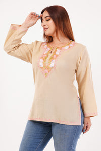 Kashmiri Aari embroidery Cotton Short Kurti Size-44(Beige)