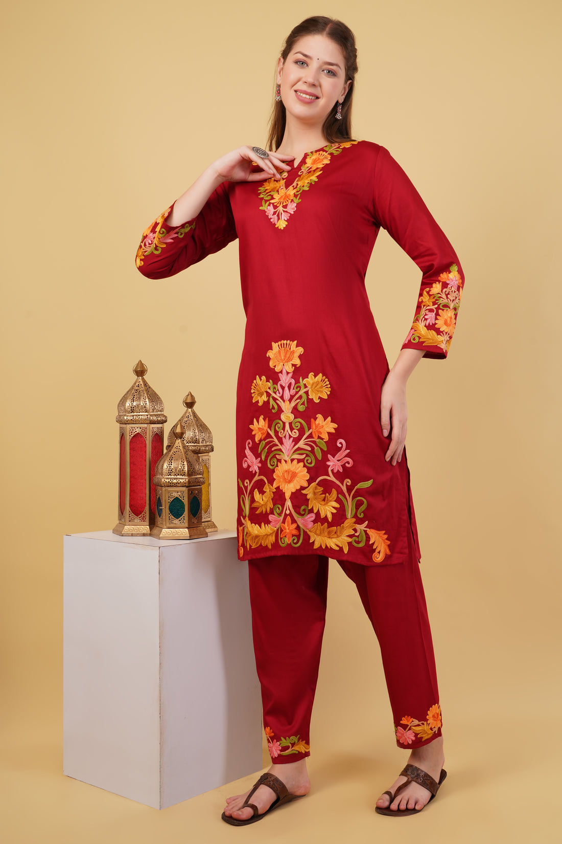 Kashmiri Aari embroidery Jaam Cotton Co-ord set Size-42(Red)