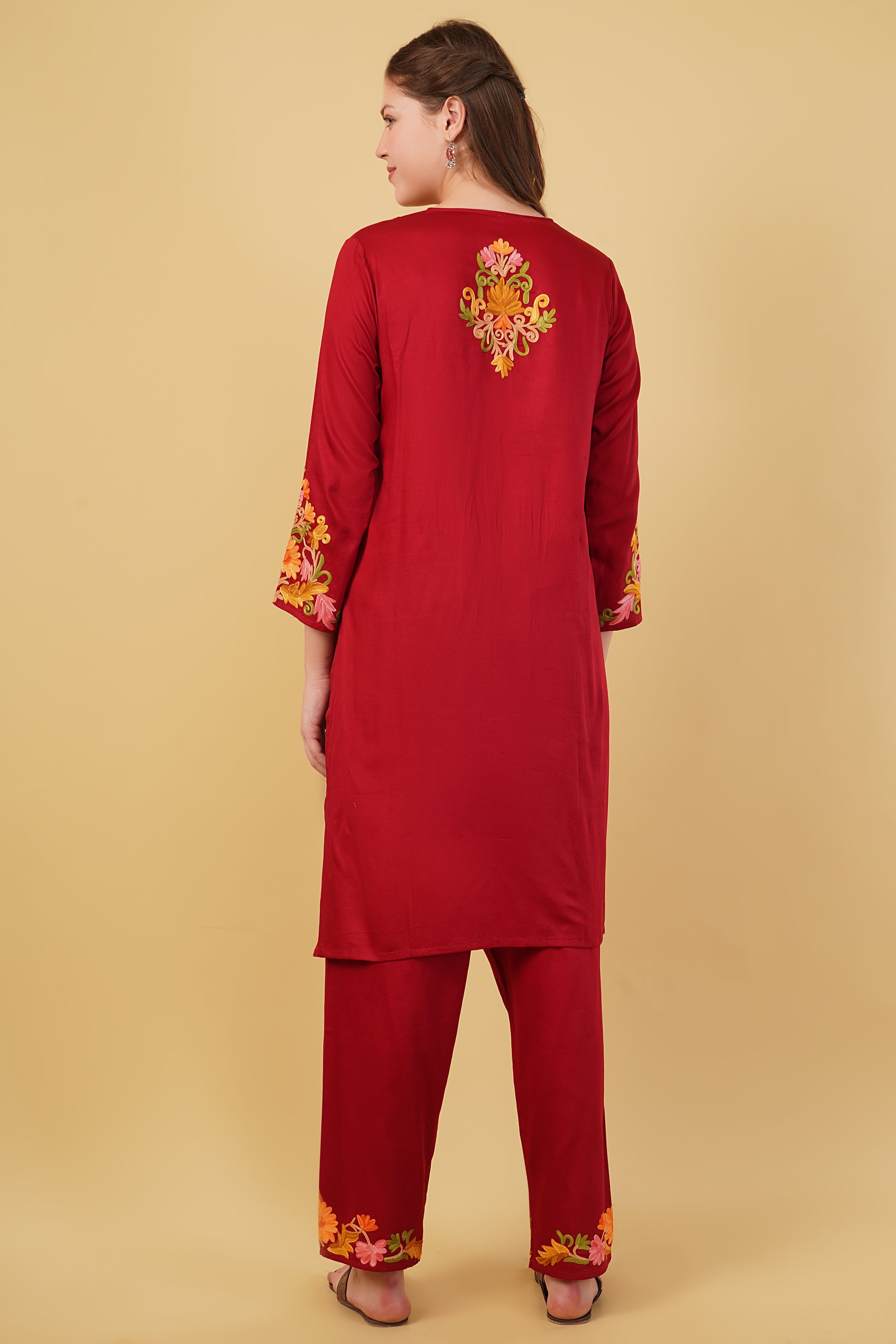 Kashmiri Aari embroidery Jaam Cotton Co-ord set Size-42(Red)