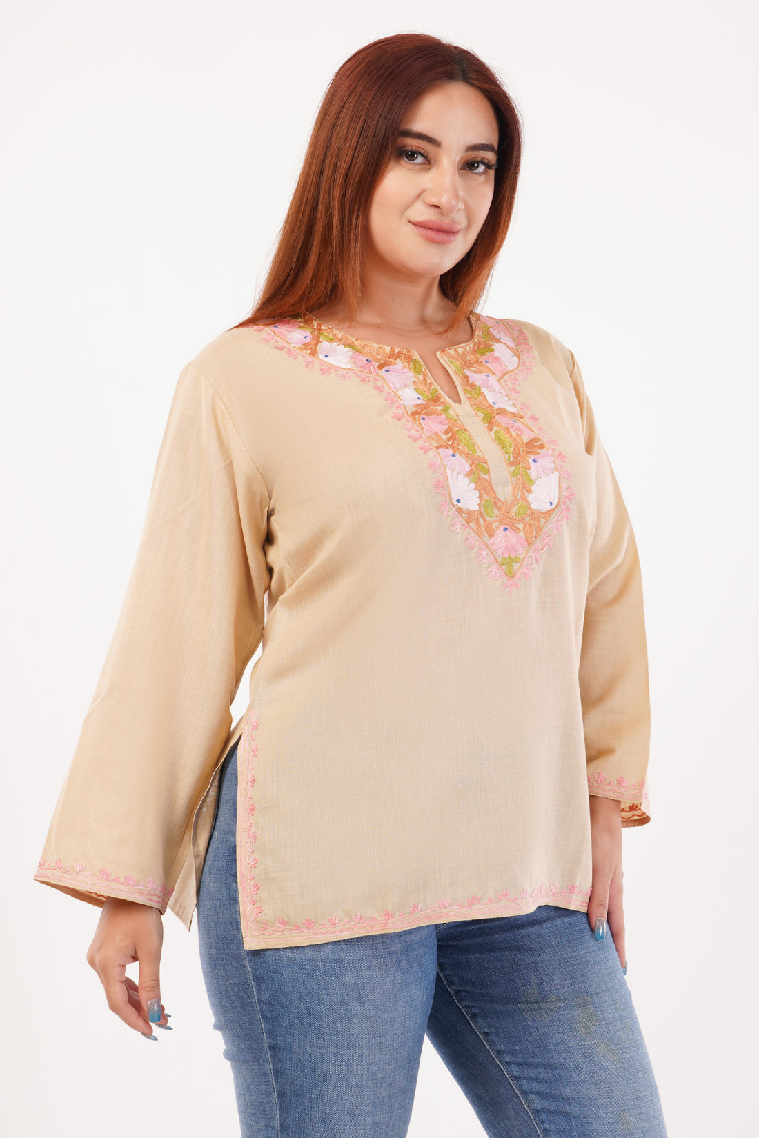Kashmiri Aari embroidery Cotton Short Kurti Size-44(Beige)