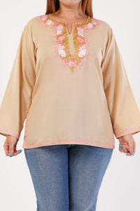 Kashmiri Aari embroidery Cotton Short Kurti Size-44(Beige)