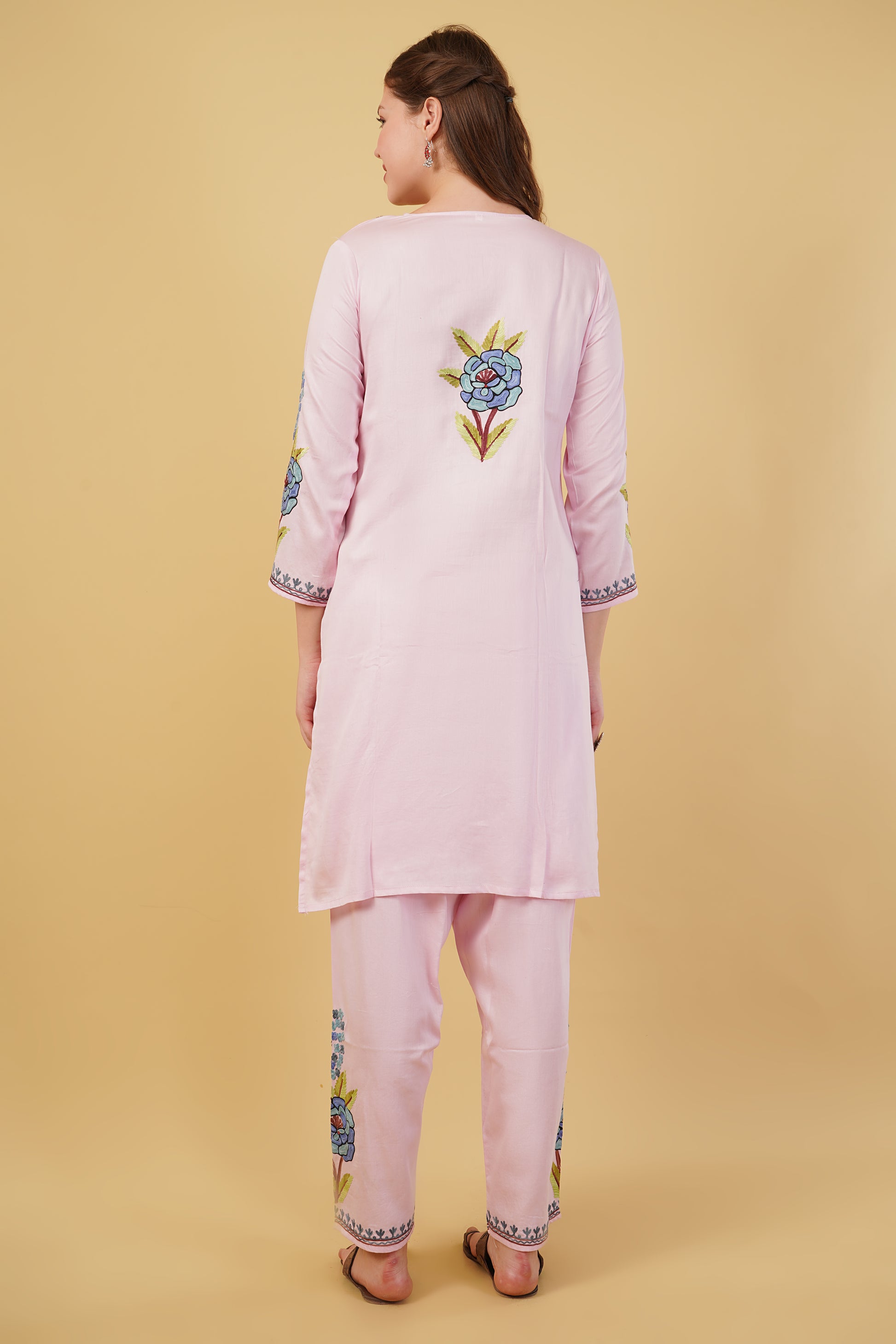 Kashmiri Aari embroidery Jaam Cotton Co-ord set Size-42(Pink)