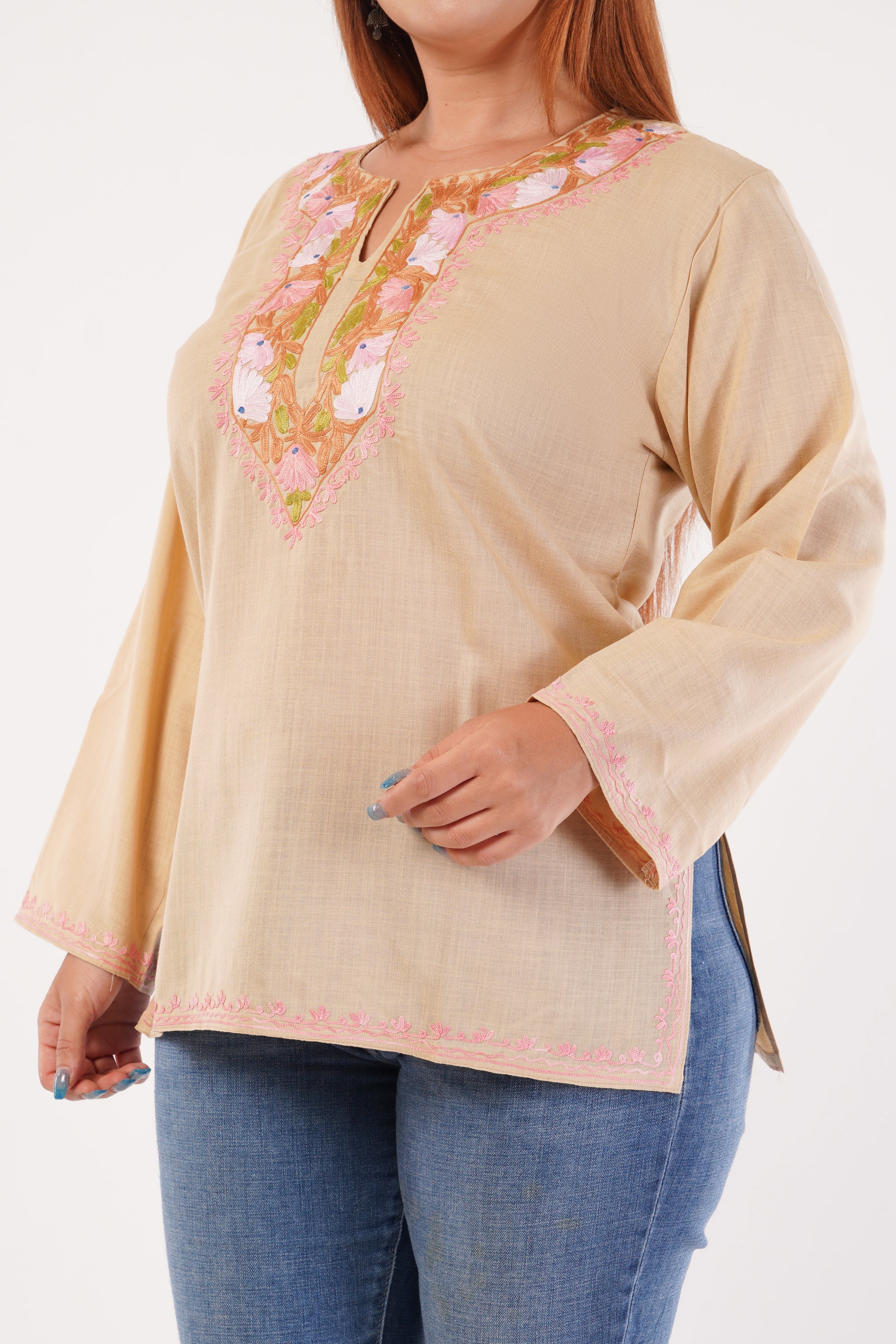 Kashmiri Aari embroidery Cotton Short Kurti Size-44(Beige)