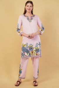 Kashmiri Aari embroidery Jaam Cotton Co-ord set Size-42(Pink)