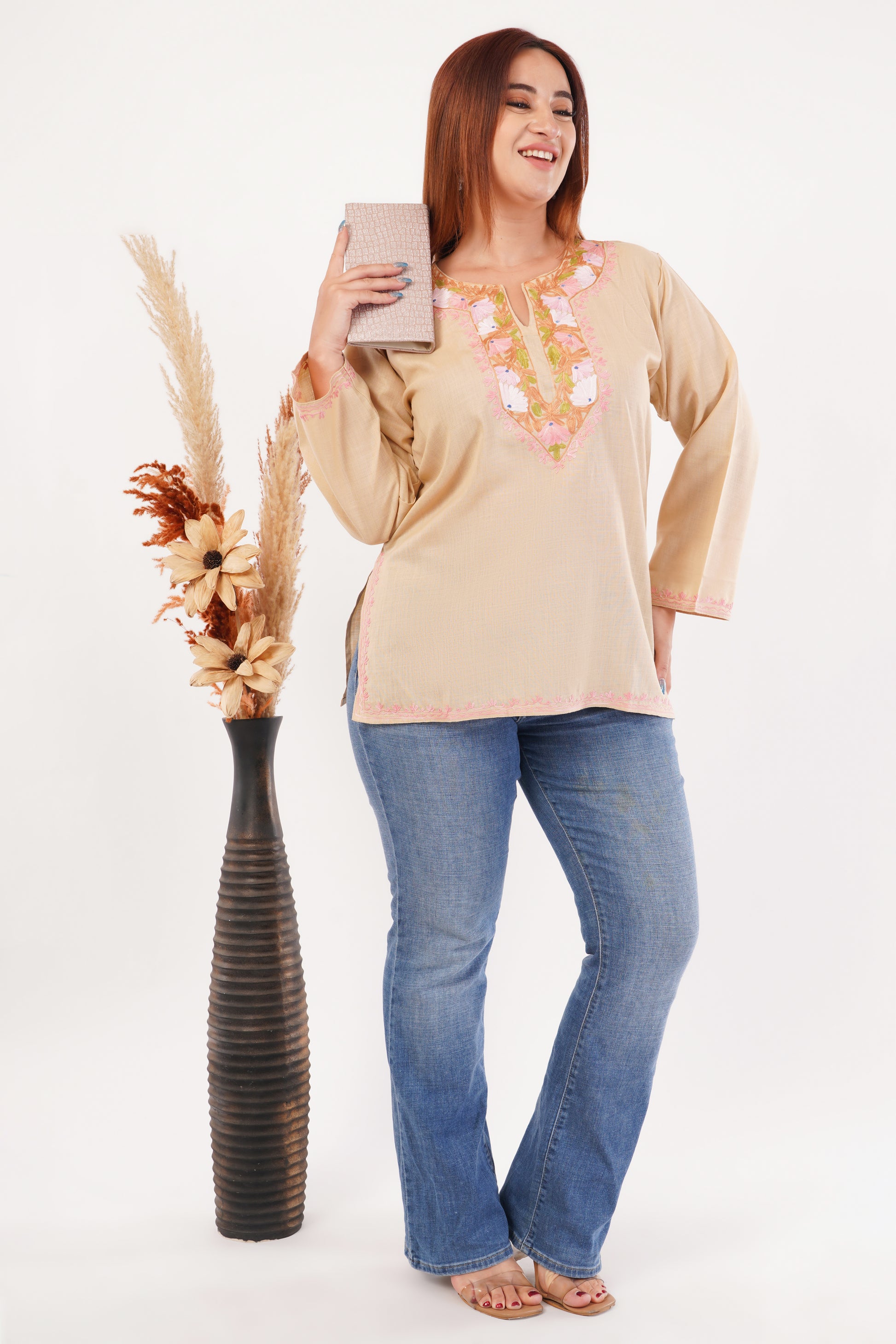 Kashmiri Aari embroidery Cotton Short Kurti Size-44(Beige)