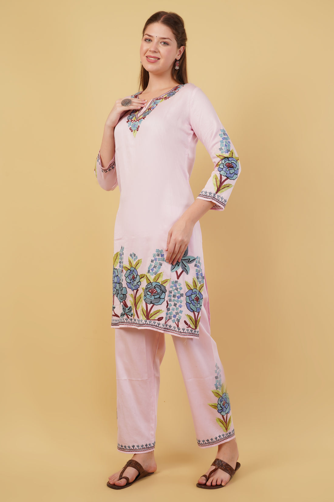 Kashmiri Aari embroidery Jaam Cotton Co-ord set Size-42(Pink)