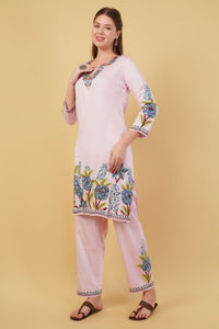 Kashmiri Aari embroidery Jaam Cotton Co-ord set Size-42(Pink)
