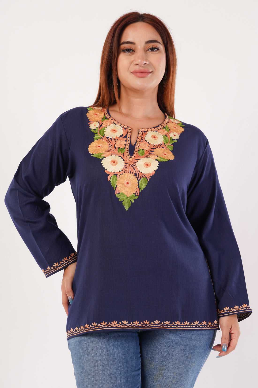 Kashmiri Aari embroidery Cotton Short Kurti Size-44(Navy Blue)