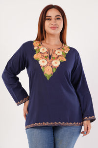 Kashmiri Aari embroidery Cotton Short Kurti Size-44(Navy Blue)