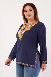Kashmiri Aari embroidery Cotton Short Kurti Size-44(Navy Blue)