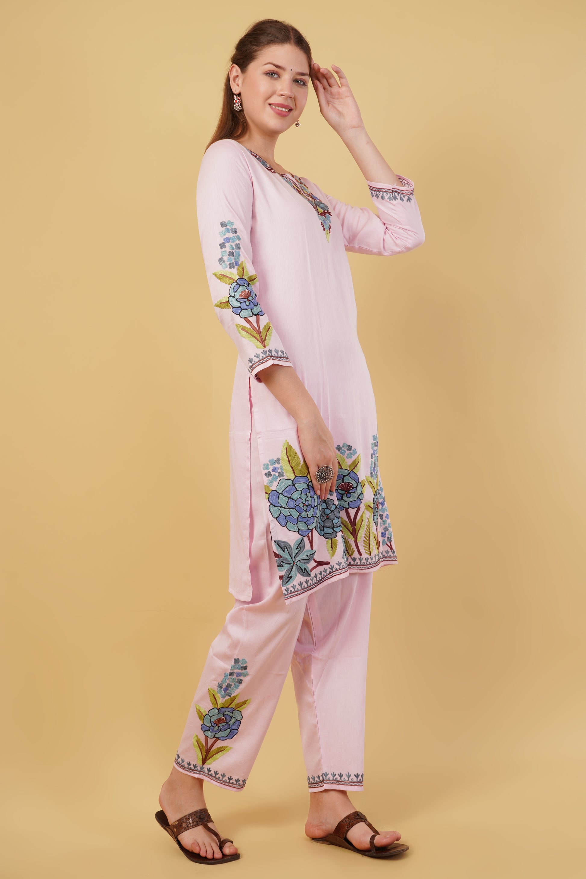 Kashmiri Aari embroidery Jaam Cotton Co-ord set Size-42(Pink)