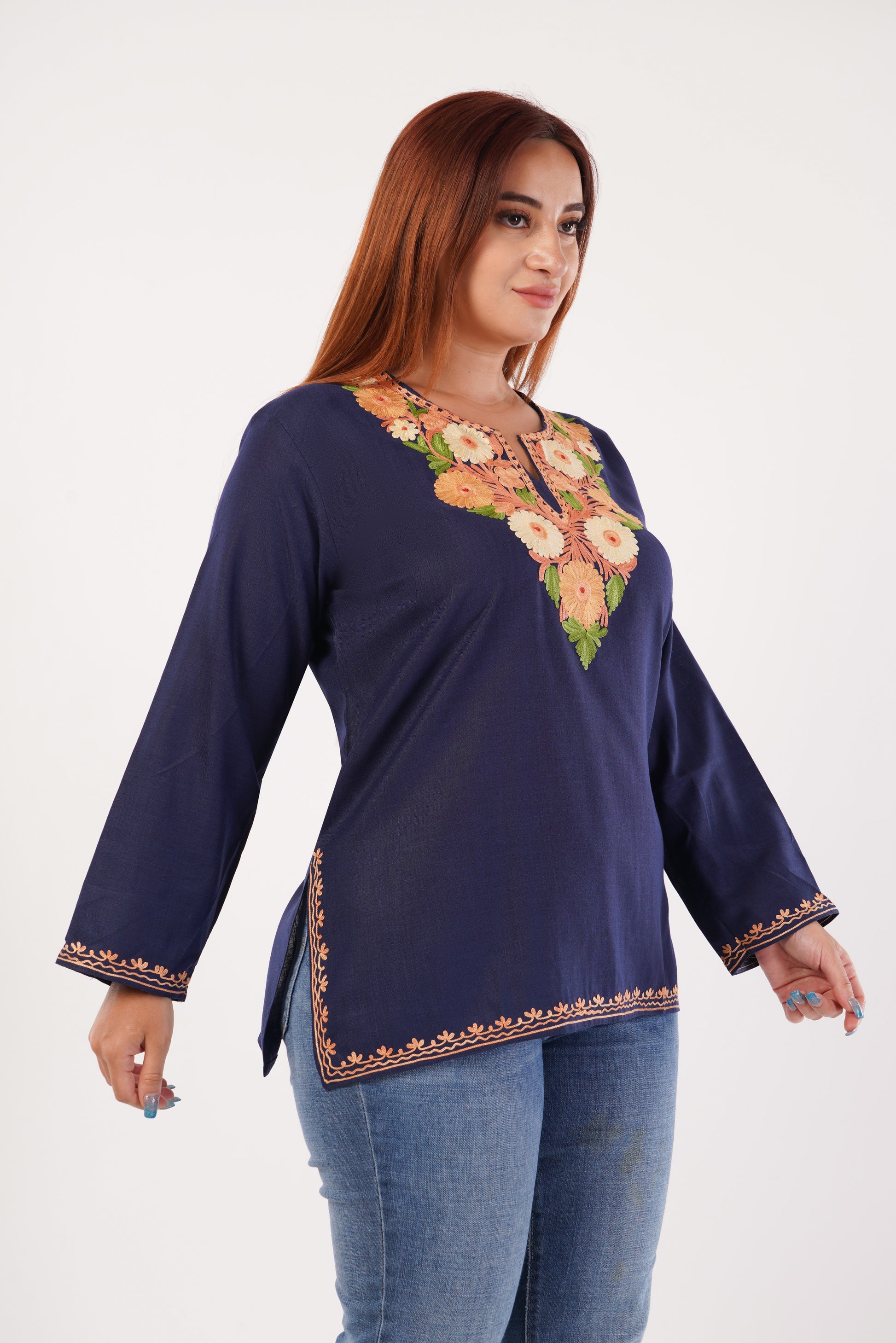 Kashmiri Aari embroidery Cotton Short Kurti Size-44(Navy Blue)