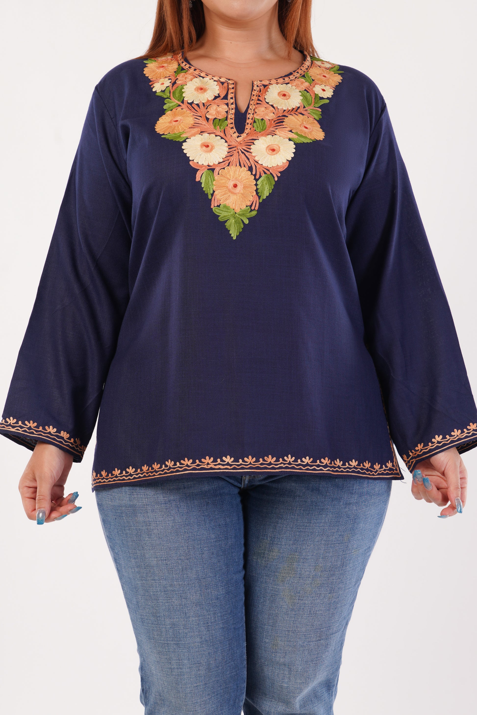 Kashmiri Aari embroidery Cotton Short Kurti Size-44(Navy Blue)