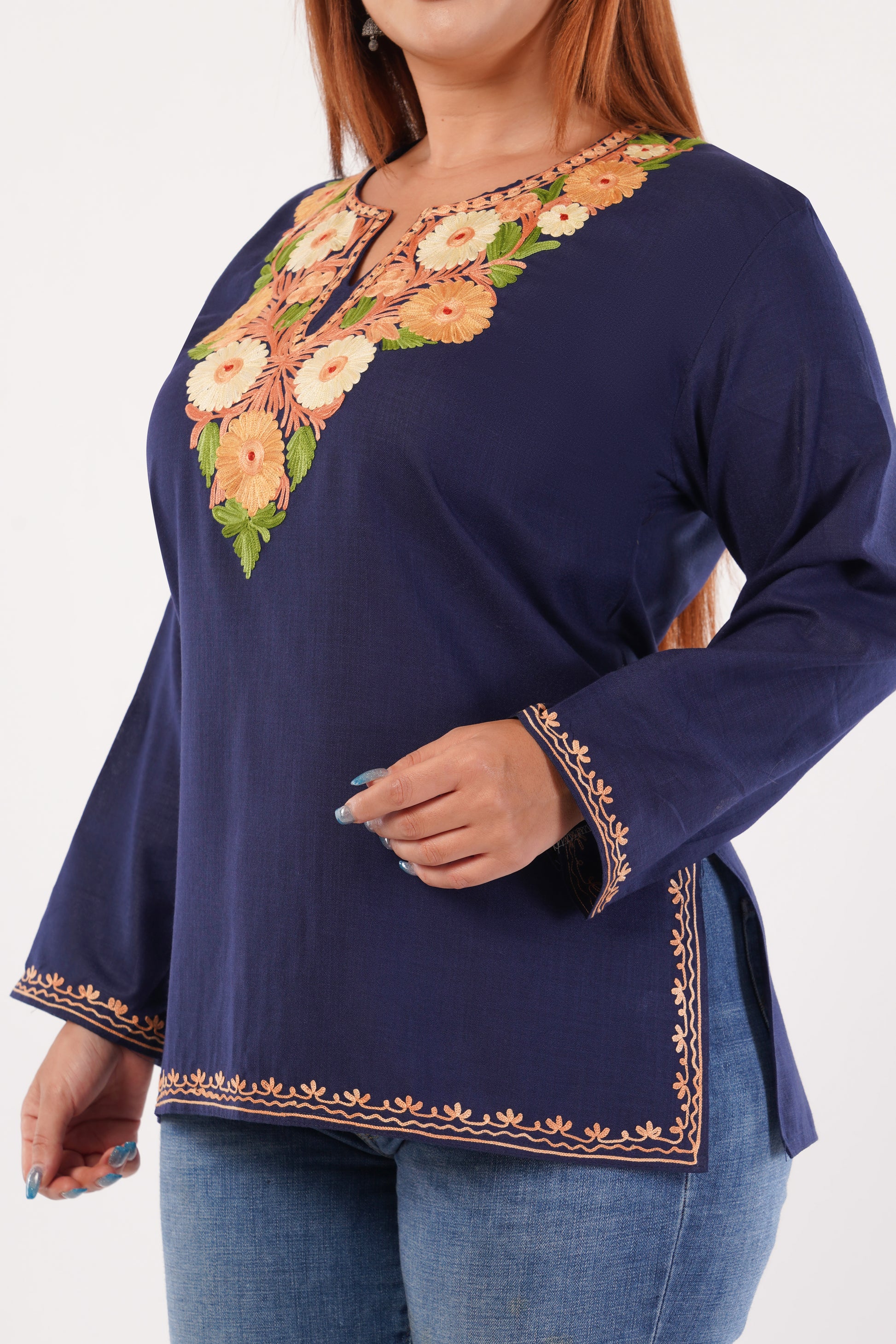 Kashmiri Aari embroidery Cotton Short Kurti Size-44(Navy Blue)