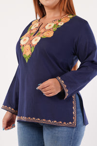 Kashmiri Aari embroidery Cotton Short Kurti Size-44(Navy Blue)