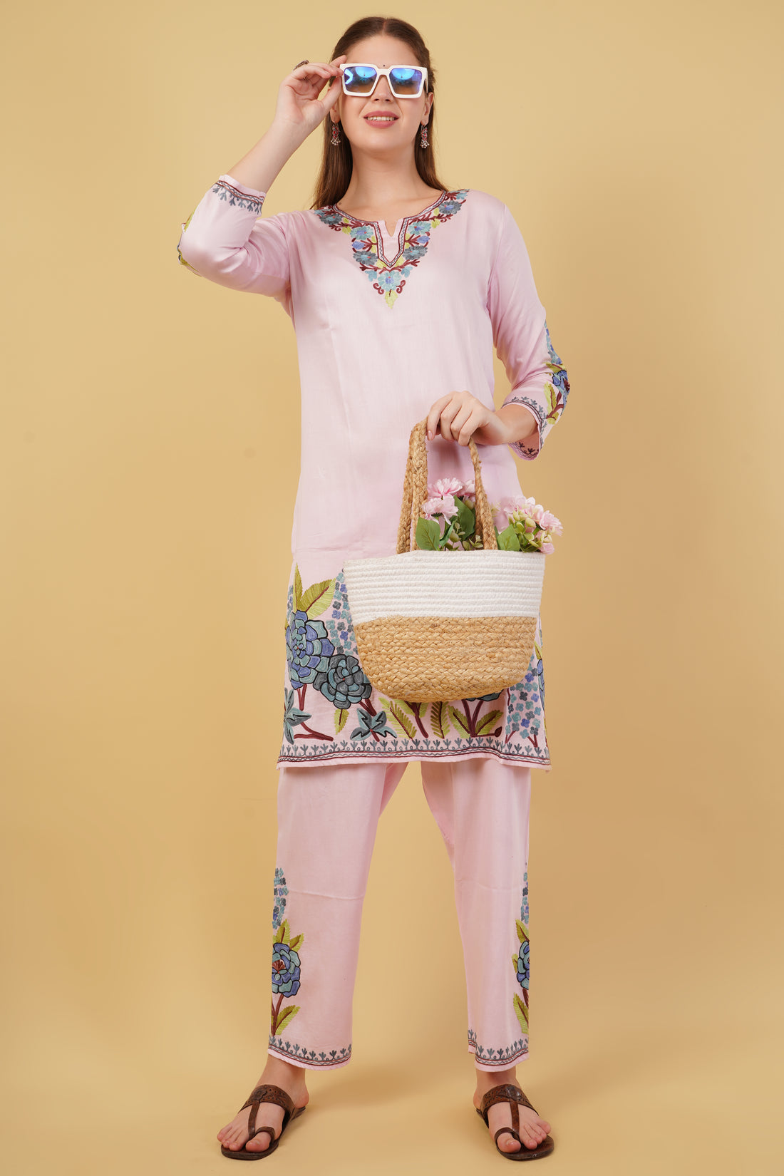 Kashmiri Aari embroidery Jaam Cotton Co-ord set Size-42(Pink)