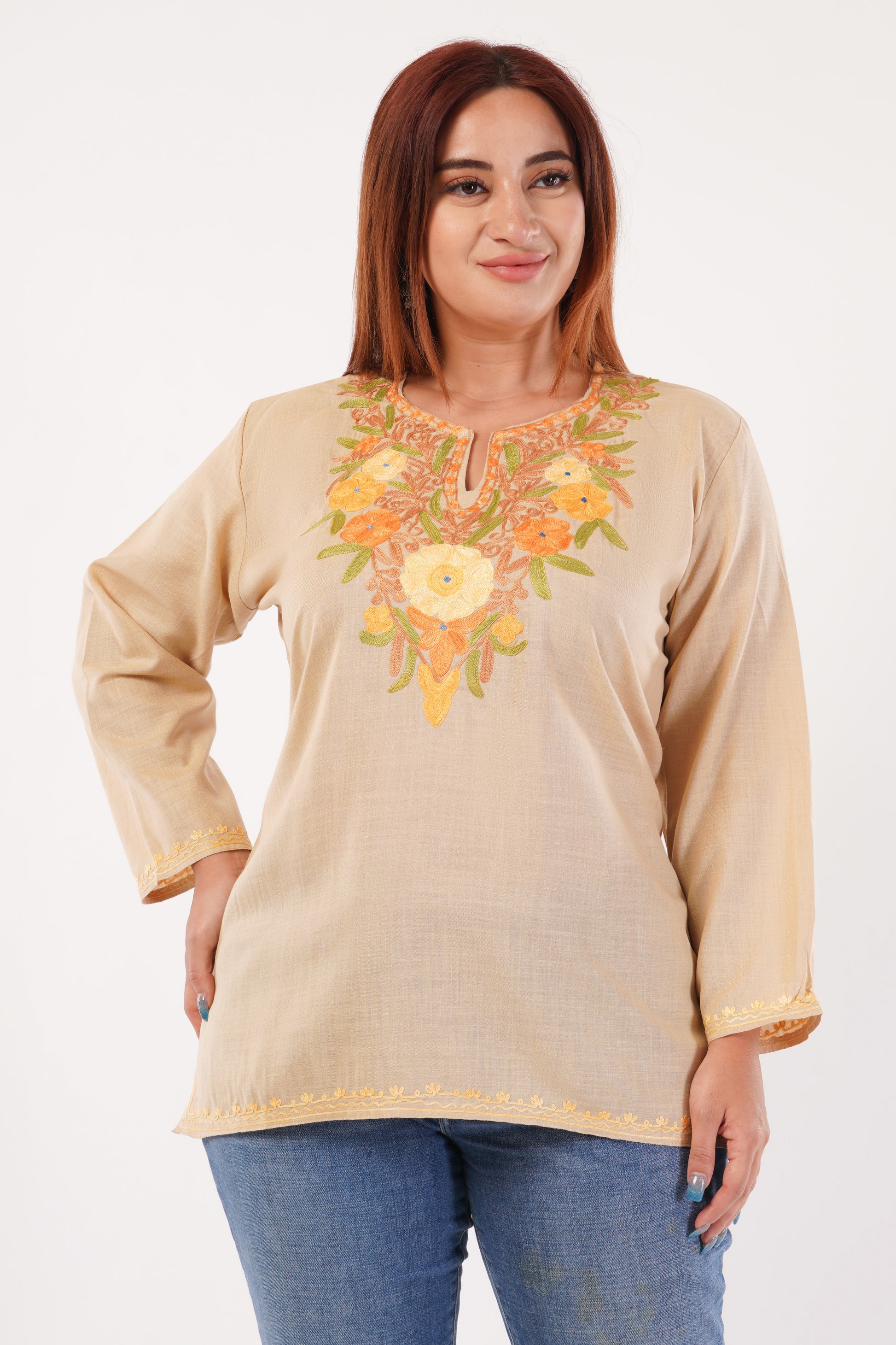 Kashmiri Aari embroidery Cotton Short Kurti Size-44(Beige)