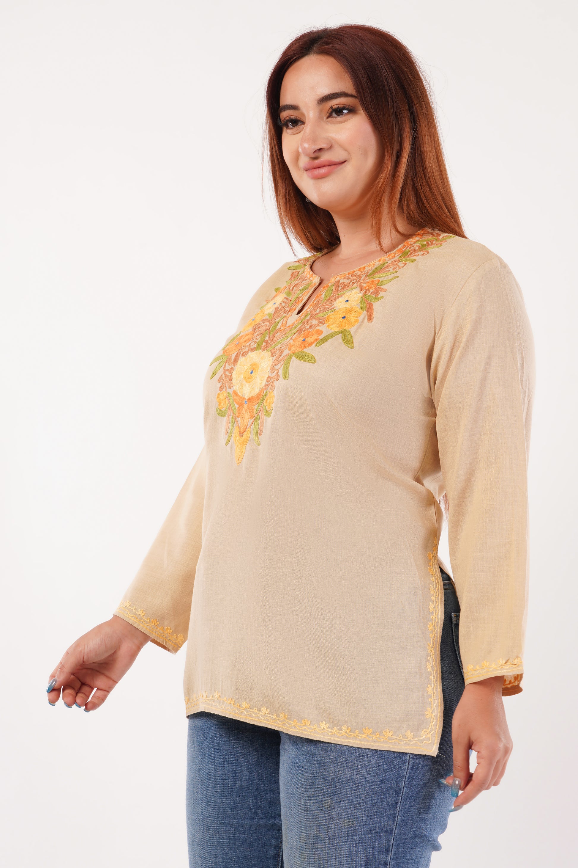 Kashmiri Aari embroidery Cotton Short Kurti Size-44(Beige)