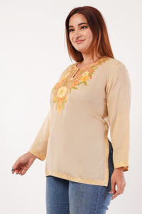 Kashmiri Aari embroidery Cotton Short Kurti Size-44(Beige)