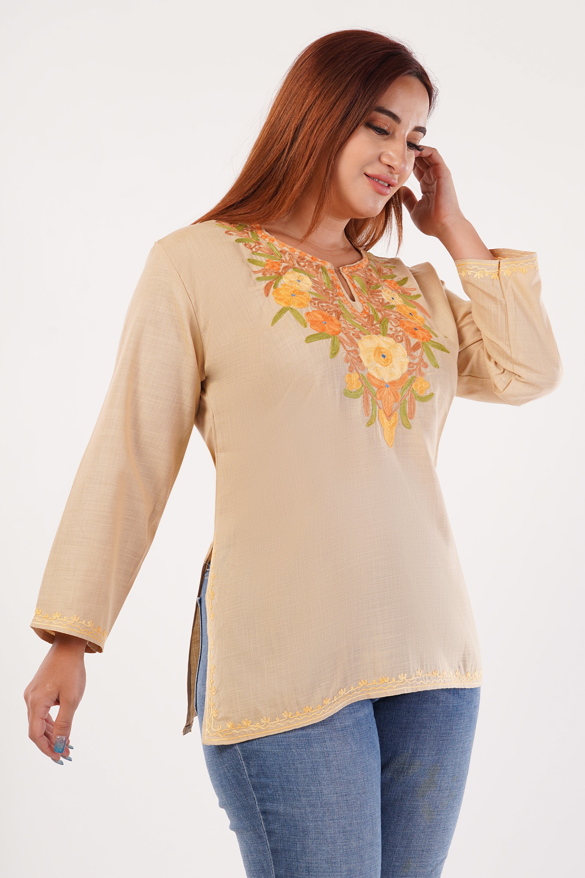 Kashmiri Aari embroidery Cotton Short Kurti Size-44(Beige)