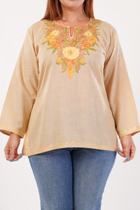 Kashmiri Aari embroidery Cotton Short Kurti Size-44(Beige)