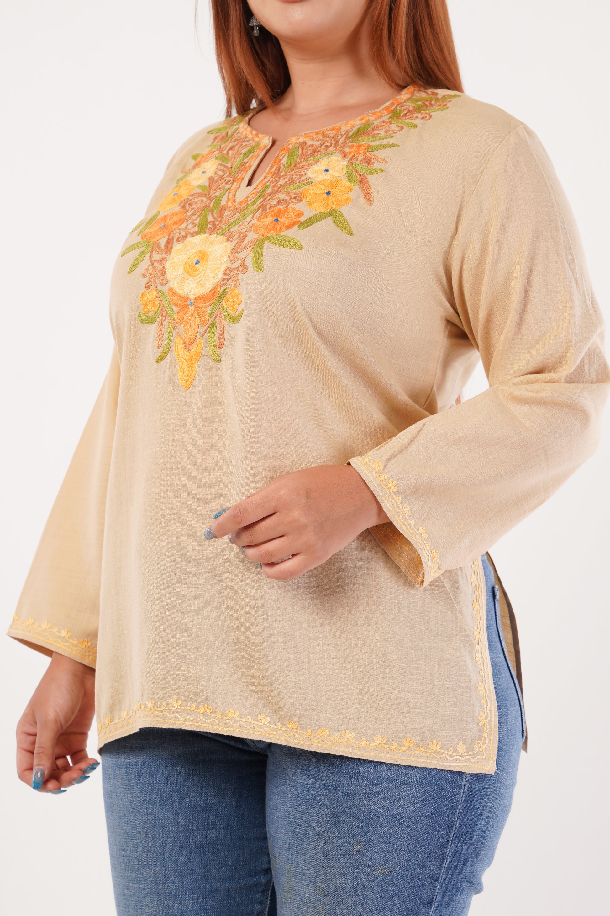 Kashmiri Aari embroidery Cotton Short Kurti Size-44(Beige)