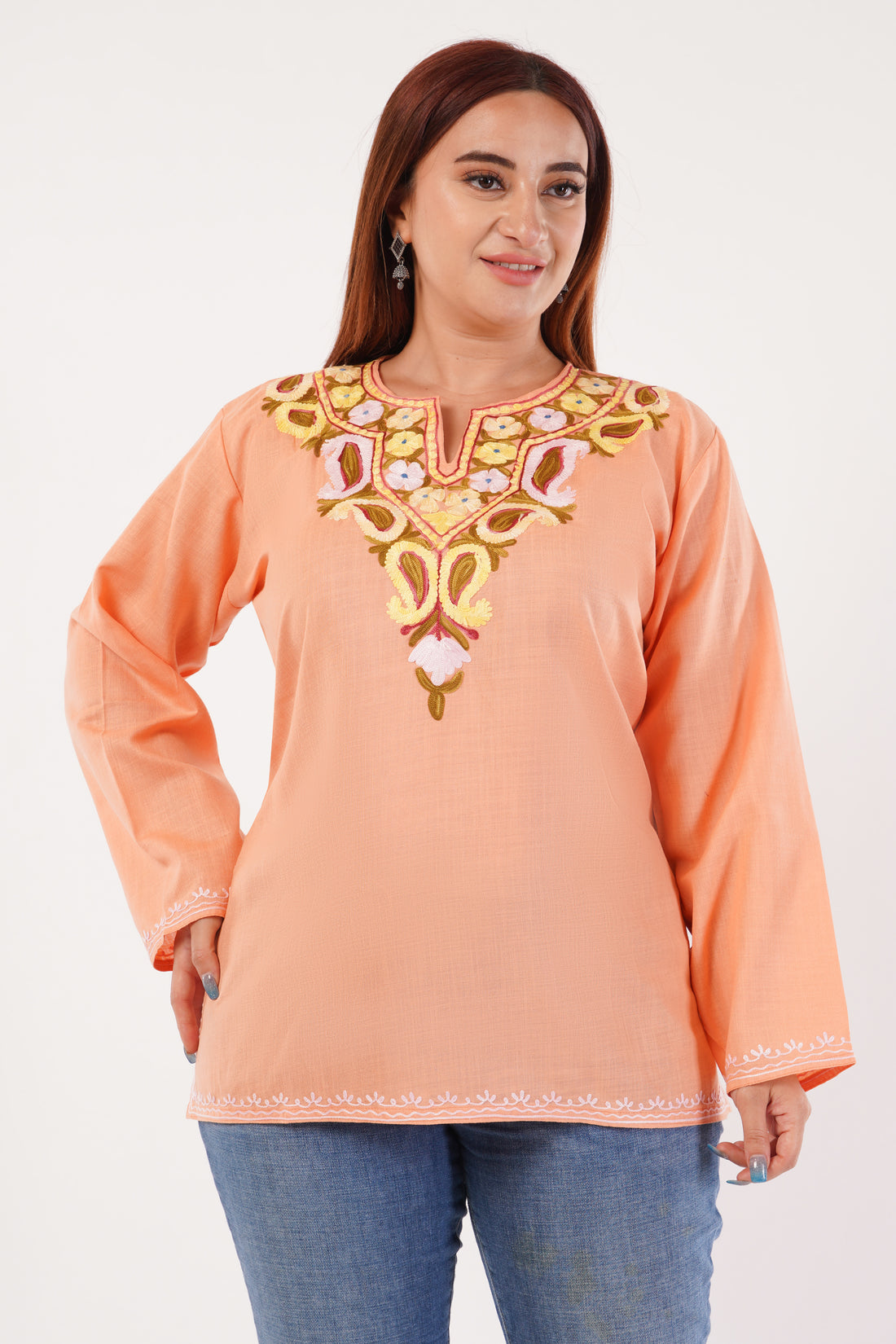 Kashmiri Aari embroidery Cotton Short Kurti Size-44(Peach)