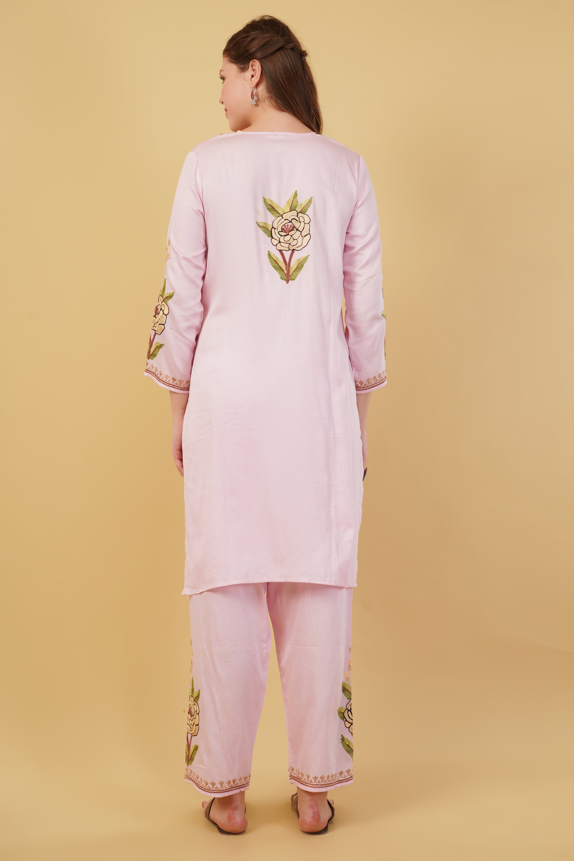 Kashmiri Aari embroidery Jaam Cotton Co-ord set Size-42(Pink)