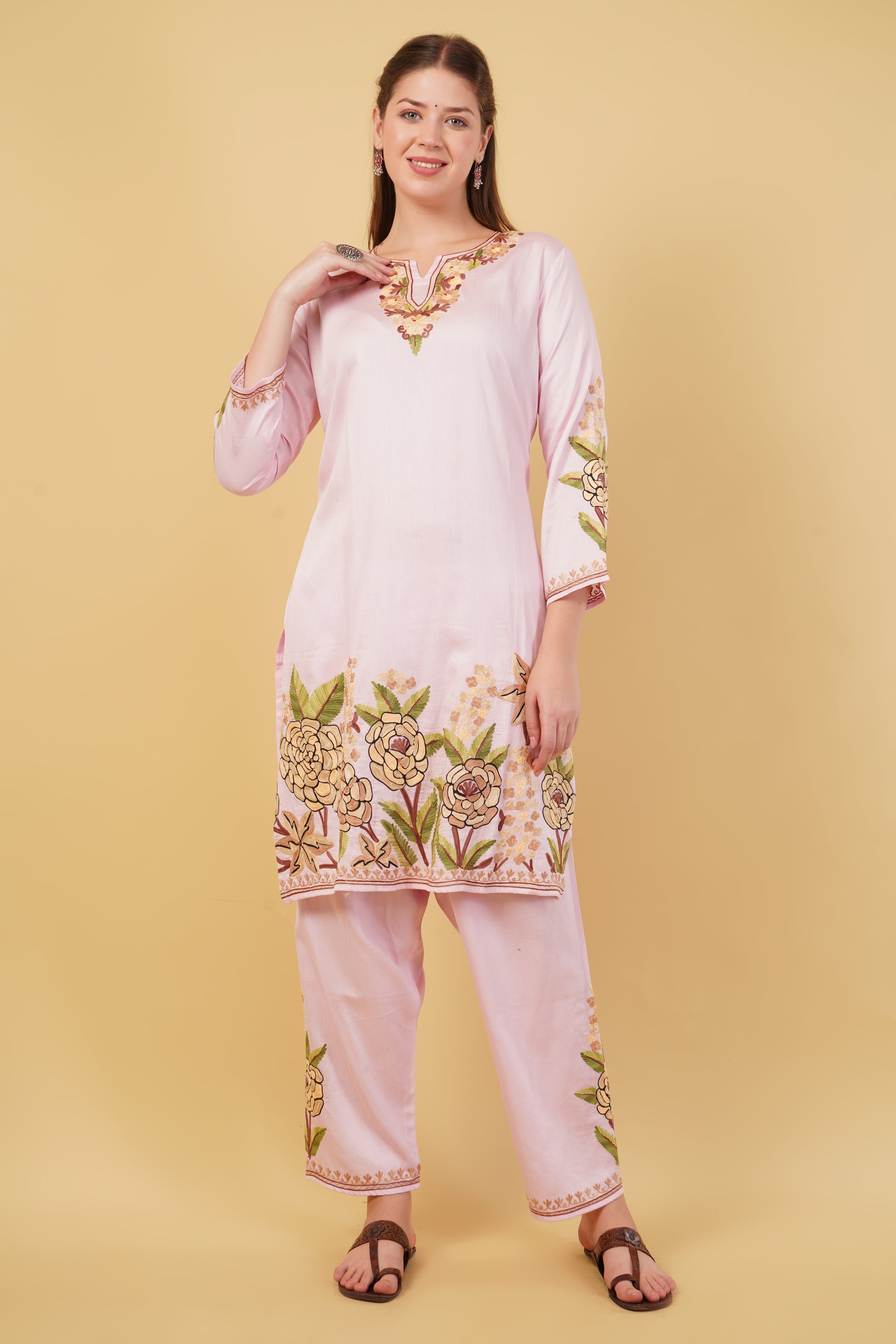 Kashmiri Aari embroidery Jaam Cotton Co-ord set Size-42(Pink)