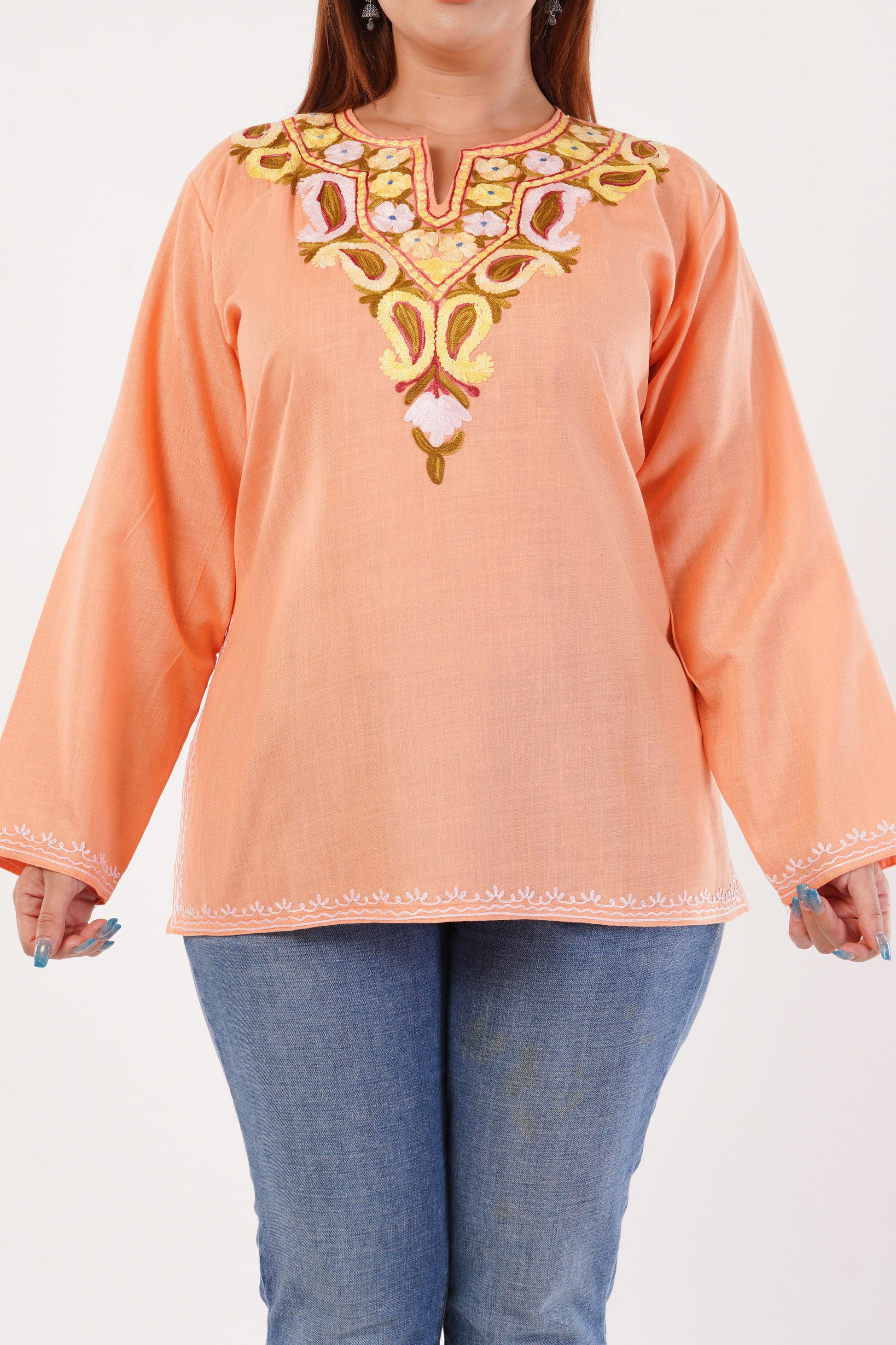 Kashmiri Aari embroidery Cotton Short Kurti Size-44(Peach)