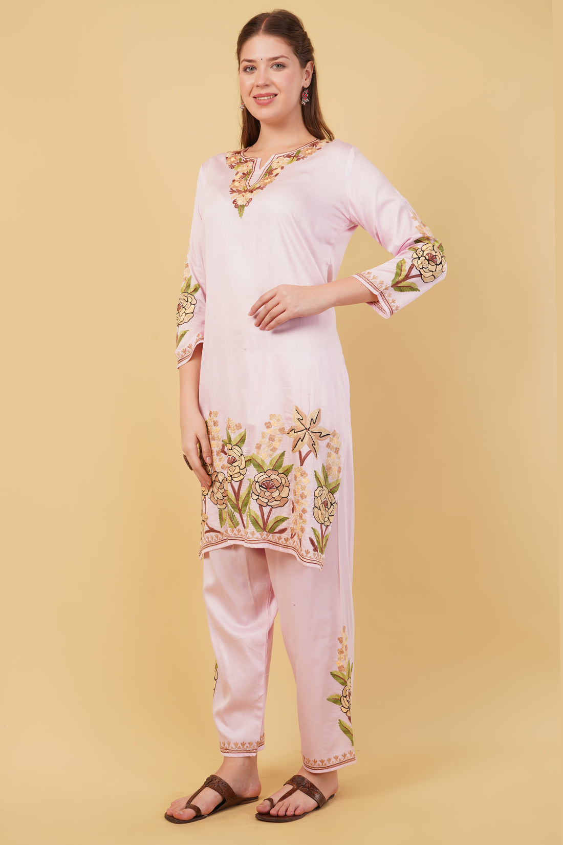 Kashmiri Aari embroidery Jaam Cotton Co-ord set Size-42(Pink)