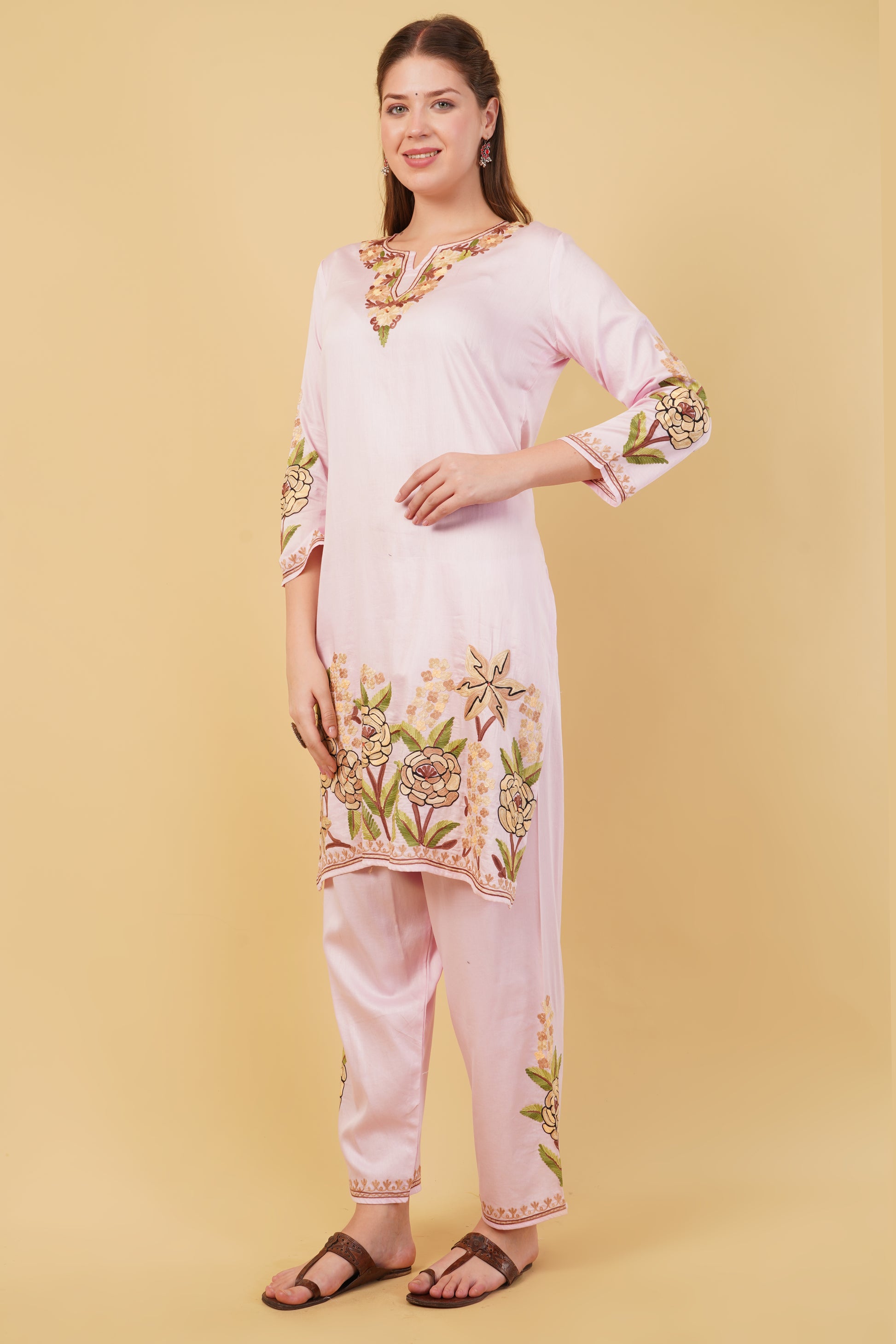 Kashmiri Aari embroidery Jaam Cotton Co-ord set Size-42(Pink)