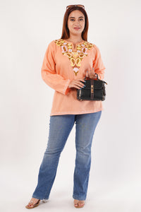 Kashmiri Aari embroidery Cotton Short Kurti Size-44(Peach)