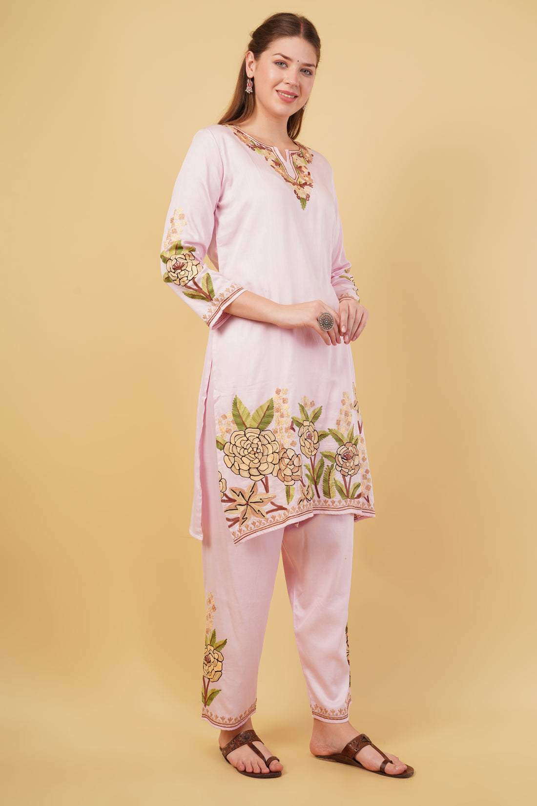 Kashmiri Aari embroidery Jaam Cotton Co-ord set Size-42(Pink)