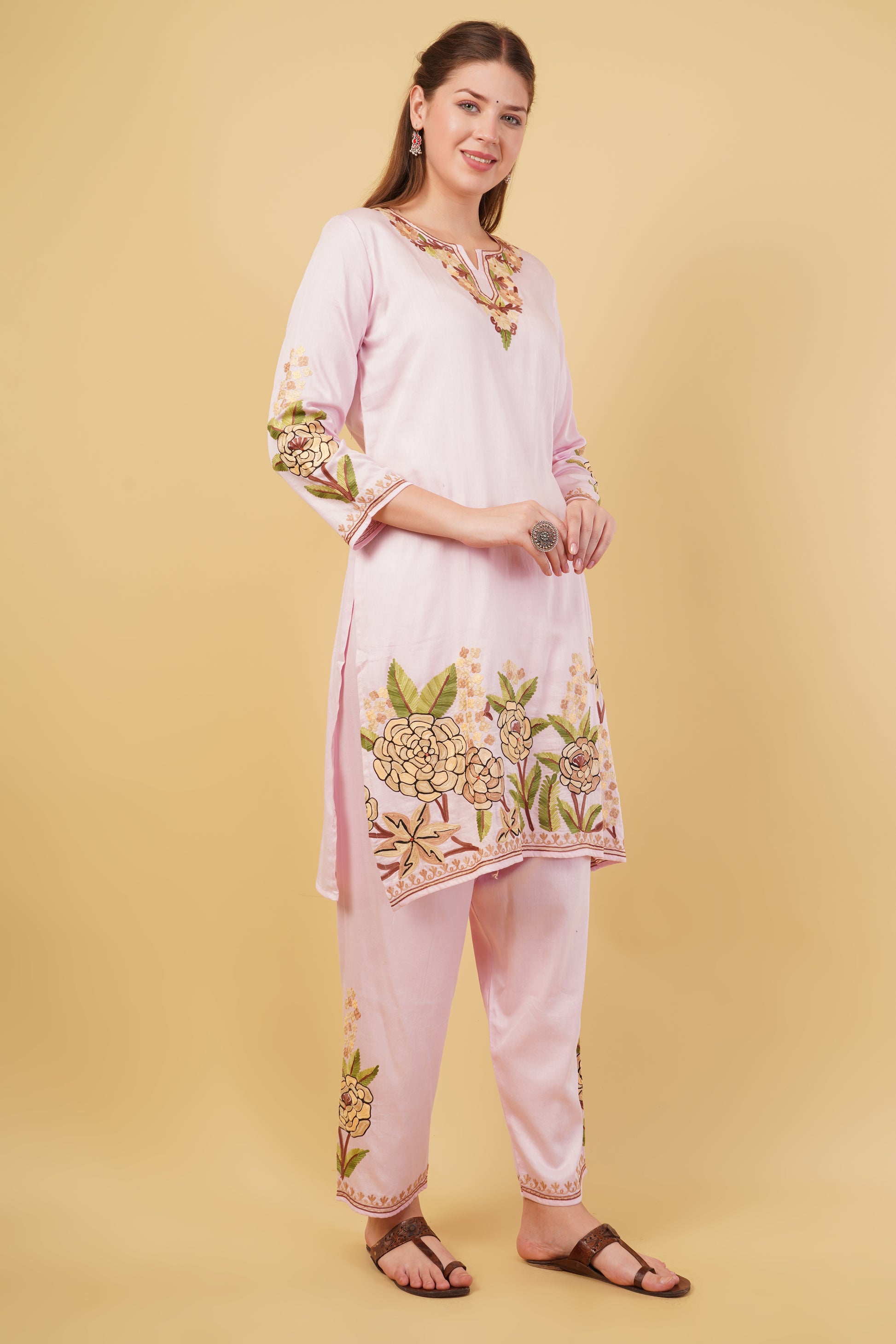 Kashmiri Aari embroidery Jaam Cotton Co-ord set Size-42(Pink)
