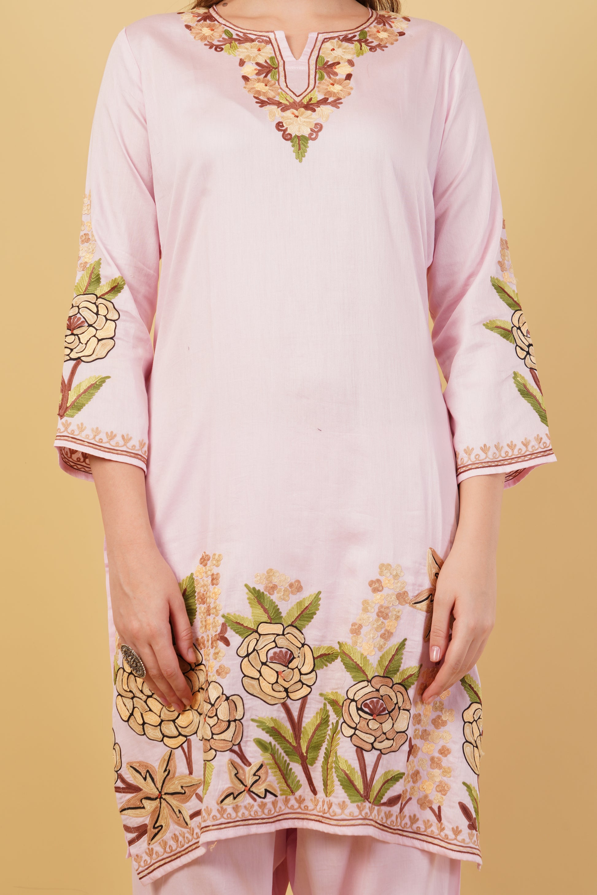 Kashmiri Aari embroidery Jaam Cotton Co-ord set Size-42(Pink)