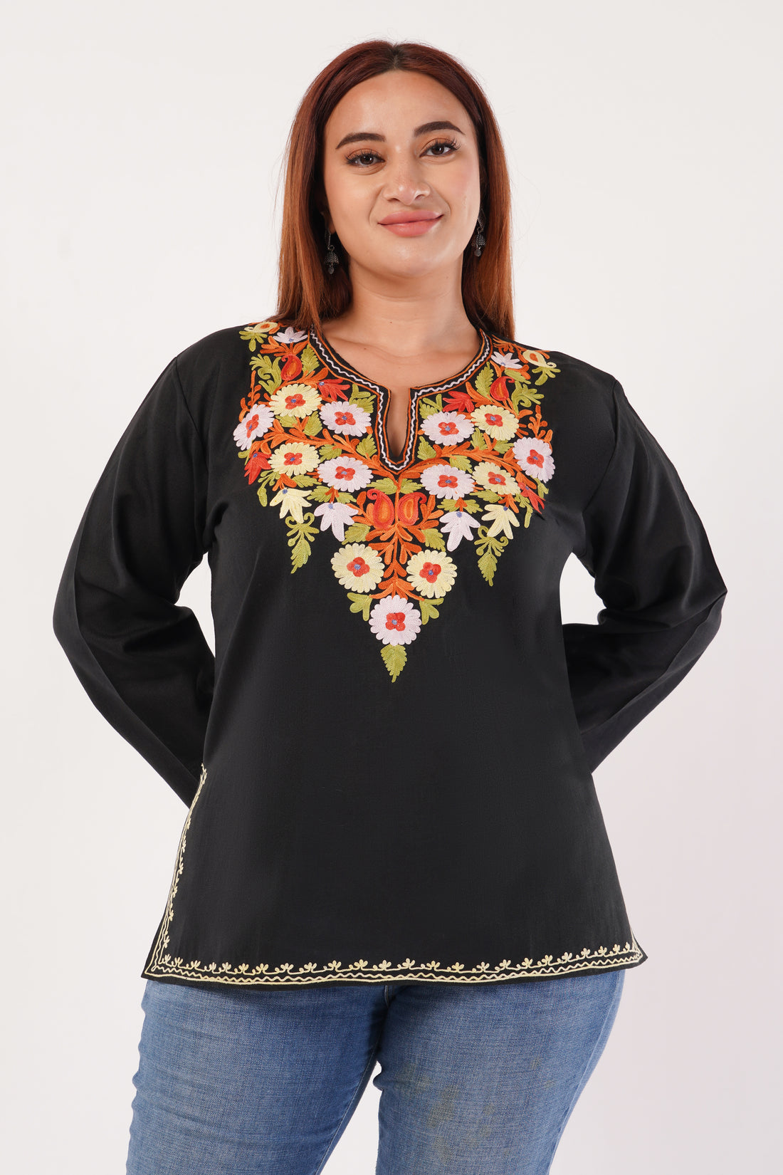 Kashmiri Aari embroidery Cotton Short Kurti Size-44(Black)